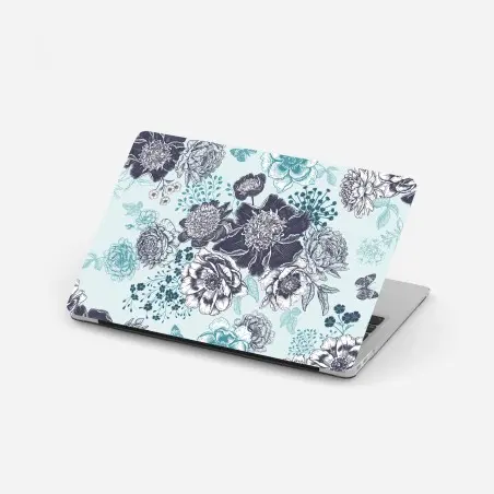 Sticker pour ordinateur portable motif floral bleu et ivoire style gravure – Wallnifity®