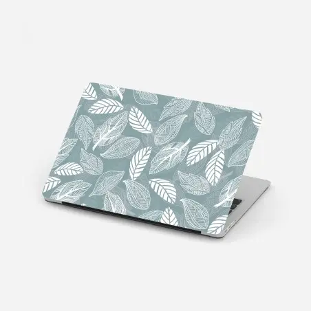 Sticker pour ordinateur portable motif feuilles blanches sur fond bleu-gris – Wallnifity®