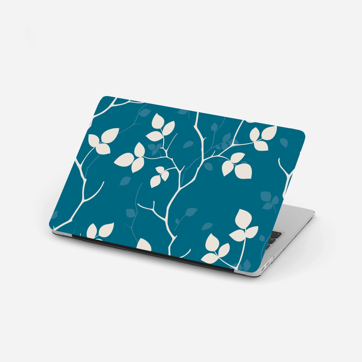 Sticker pour ordinateur portable motif feuilles blanches sur fond bleu canard – Wallnifity®