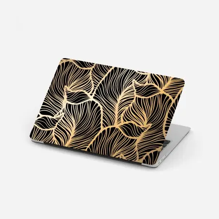 Sticker pour ordinateur portable motif feuilles dorées sur fond noir – Wallnifity®