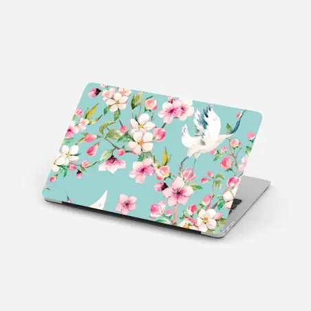 Sticker pour ordinateur portable motif floral et grues en aquarelle sur fond turquoise – Wallnifity®