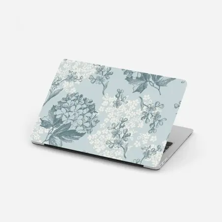 Sticker pour ordinateur portable motif floral d'hortensias sur fond bleu – Wallnifity®