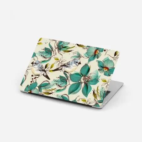 Sticker pour ordinateur portable fleurs et oiseaux rétro en turquoise – Wallnifity®