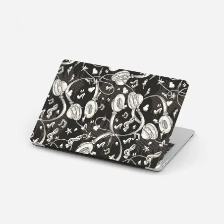 Sticker pour ordinateur portable motif casque audio et notes de musique en monochrome – Wallnifity®