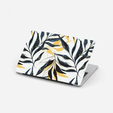 Sticker pour ordinateur portable feuillage stylisé bleu marine et jaune moutarde – Wallnifity®