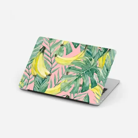 Sticker pour ordinateur portable motif tropical bananes et feuilles aquarelle sur fond rose – Wallnifity®
