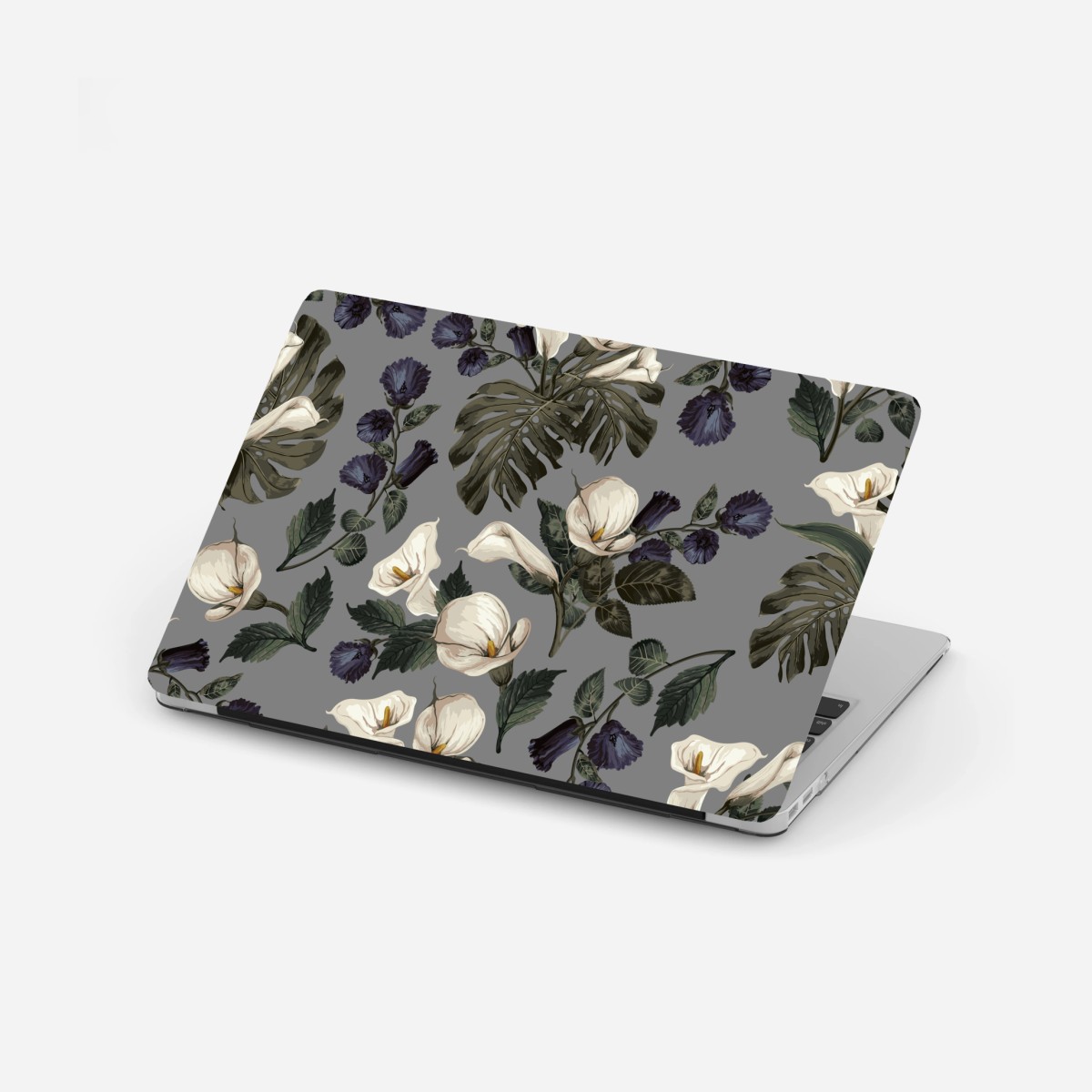 Sticker pour ordinateur portable motif floral élégant aux arums et monstera sur fond gris – Wallnifity®