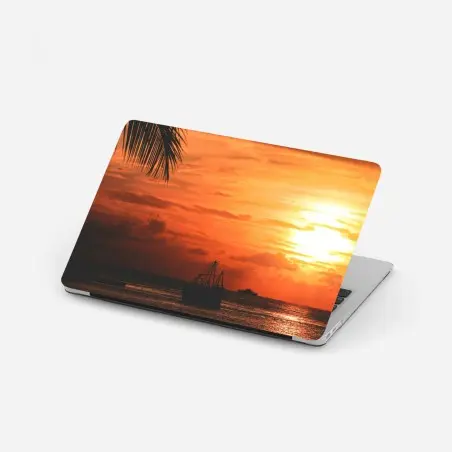 Sticker pour ordinateur portable coucher de soleil tropical aux silhouettes de bateaux – Wallnifity®