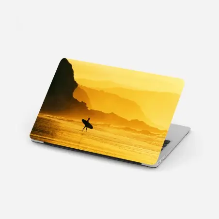 Sticker pour ordinateur portable silhouette de surfeur au coucher de soleil doré – Wallnifity®