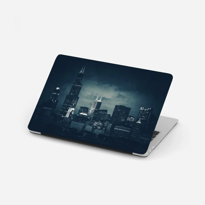 Sticker pour ordinateur portable silhouette nocturne de Chicago en bleu profond – Wallnifity®