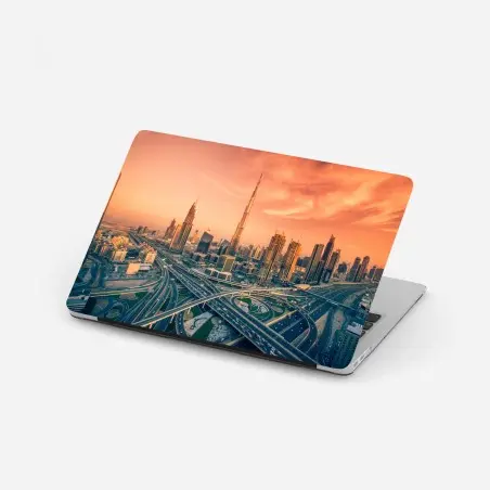 Sticker pour ordinateur portable coucher de soleil sur Dubaï : panorama urbain spectaculaire – Wallnifity®