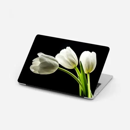 Sticker pour ordinateur portable tulipes blanches élégantes sur fond noir – Wallnifity®