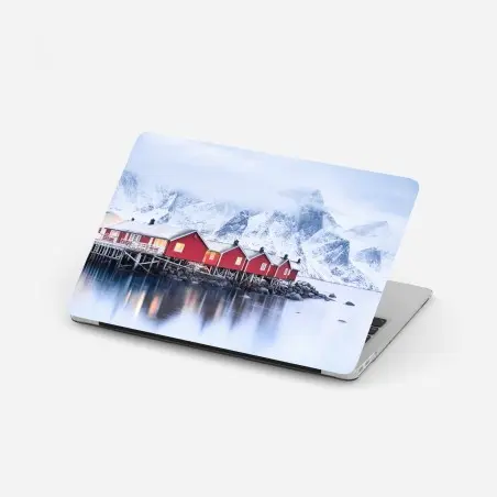 Sticker pour ordinateur portable maisons rouges sur le fjord des îles Lofoten – Wallnifity®