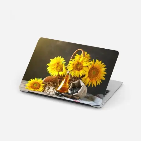 Sticker pour ordinateur portable bouquet de tournesols, graines et huile sur table rustique – Wallnifity®