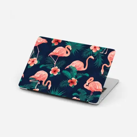 Sticker pour ordinateur portable flamants roses et fleurs tropicales sur fond bleu – Wallnifity®
