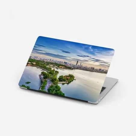 Sticker pour ordinateur portable paysage urbain au bord du lac au coucher de soleil – Wallnifity®