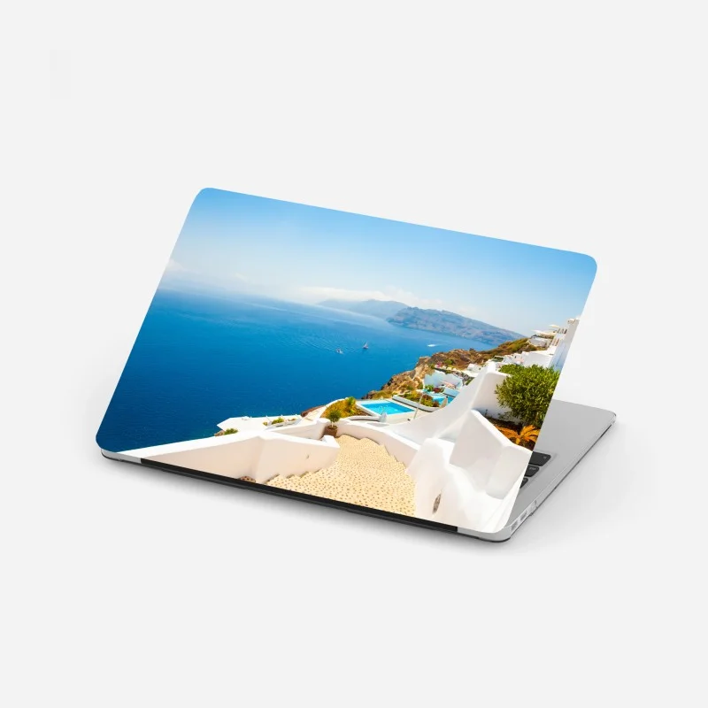 Sticker pour ordinateur portable escaliers blancs et mer azur à Santorin, Grèce – Wallnifity®