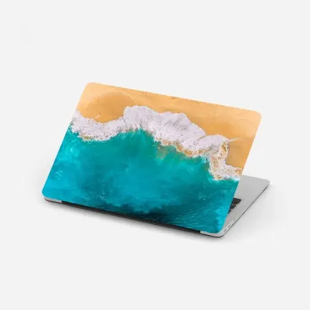 Sticker pour ordinateur portable vue aérienne de Kelingking, Nusa Penida : mer turquoise et plage dorée – Wallnifity®
