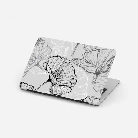 Sticker pour ordinateur portable motif pavots en dessin au trait noir et gris – Wallnifity®