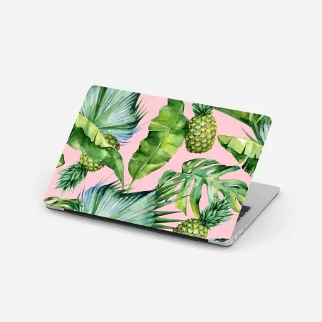 Sticker pour ordinateur portable motif tropical ananas et feuilles aquarelle sur fond rose – Wallnifity®
