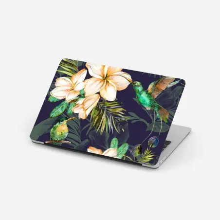 Sticker pour ordinateur portable jardin tropical aux colibris et frangipaniers sur fond sombre – Wallnifity®