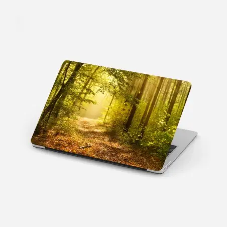 Sticker pour ordinateur portable chemin forestier baigné de lumière dorée – Wallnifity®