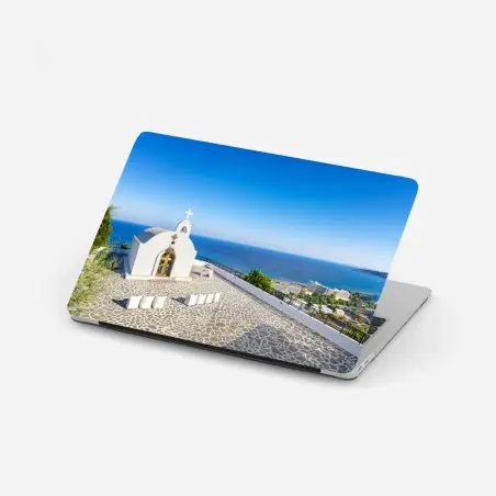 Sticker pour ordinateur portable chapelle de mariage surplombant la mer à Faliraki – Wallnifity®
