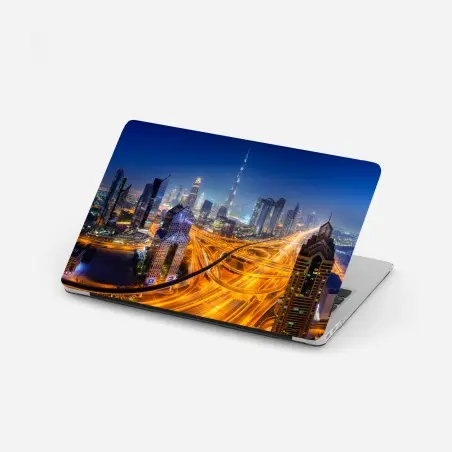 Sticker pour ordinateur portable Dubaï vue aérienne nocturne aux autoroutes lumineuses – Wallnifity®
