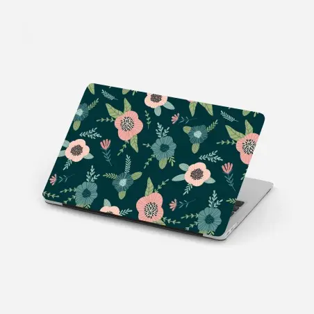 Sticker pour ordinateur portable motif floral élégant rose et bleu sur fond vert canard – Wallnifity®