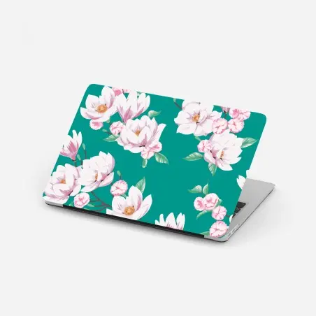 Sticker pour ordinateur portable fleurs de magnolia sur fond sarcelle – Wallnifity®