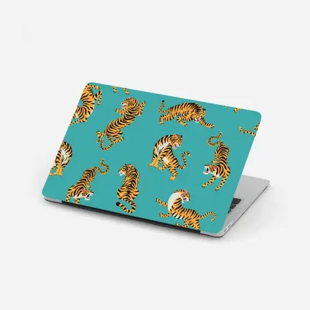 Sticker pour ordinateur portable motif de tigres stylisés sur fond turquoise – Wallnifity®