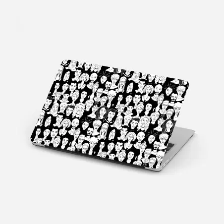 Sticker pour ordinateur portable foule de visages stylisés en noir et blanc – Wallnifity®