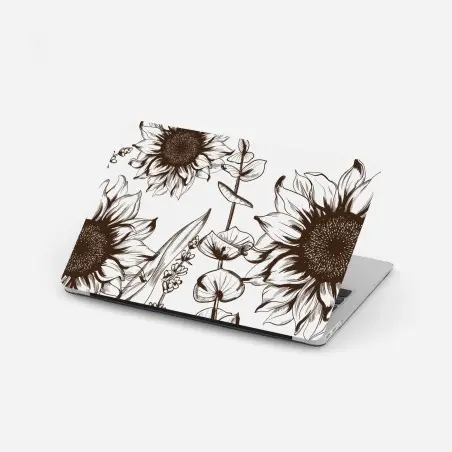 Sticker pour ordinateur portable composition botanique de tournesols au trait sépia – Wallnifity®