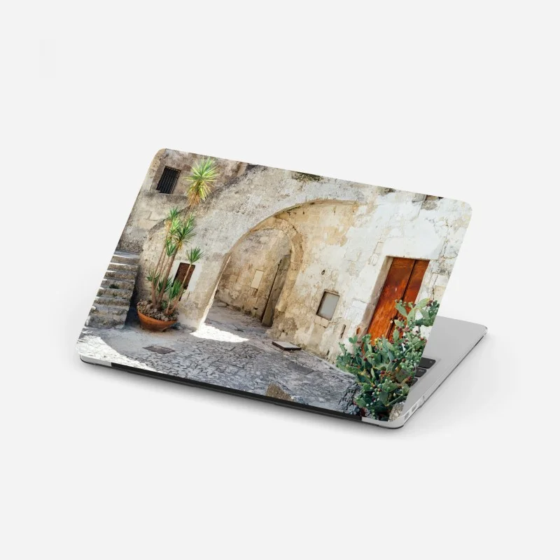 Sticker pour ordinateur portable ruelle en pierre méditerranéenne avec cactus – Wallnifity®