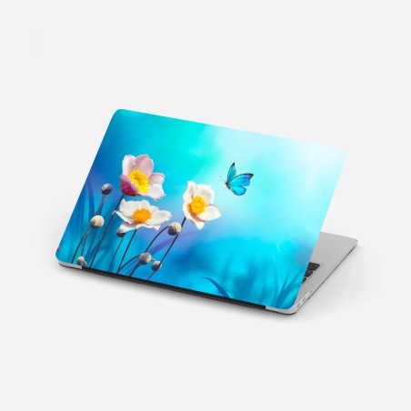 Sticker pour ordinateur portable élégance printanière — anémones et papillon bleu – Wallnifity®