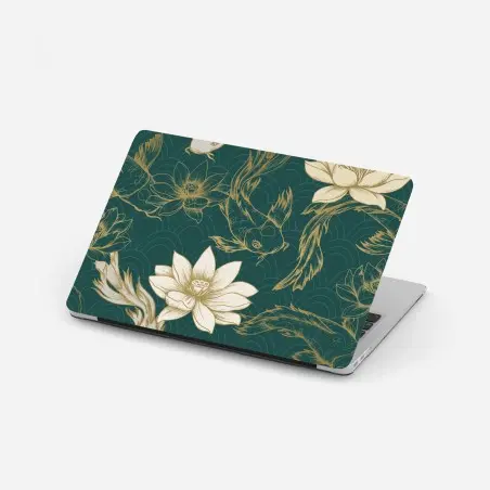 Sticker pour ordinateur portable motif lotus et carpes koi sur fond vert émeraude – Wallnifity®