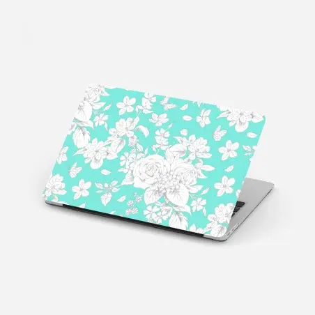 Sticker pour ordinateur portable motif floral délicat sur fond turquoise – Wallnifity®