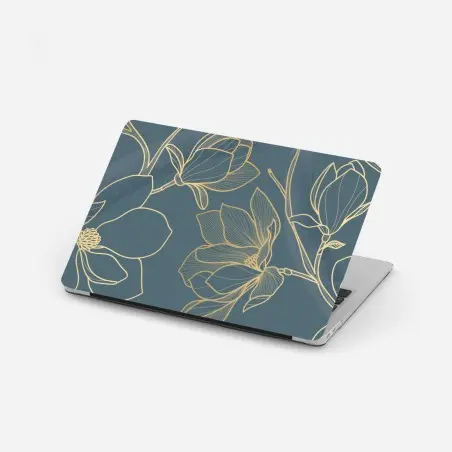 Sticker pour ordinateur portable motif floral doré sur fond bleu-gris – Wallnifity®