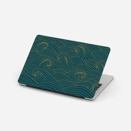 Sticker pour ordinateur portable motif de vagues dorées sur fond bleu canard – Wallnifity®