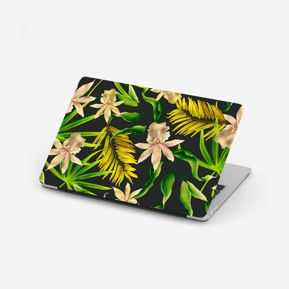 Sticker pour ordinateur portable motif tropical d'orchidées et de feuilles exotiques sur fond sombre – Wallnifity®
