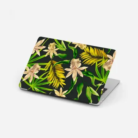 Sticker pour ordinateur portable motif tropical d'orchidées et de feuilles exotiques sur fond sombre – Wallnifity®