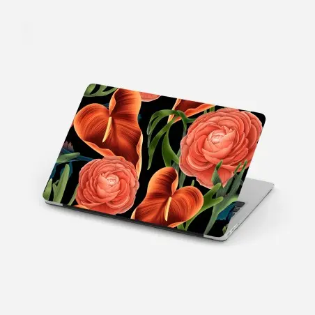 Sticker pour ordinateur portable motif floral tropical aux anthuriums et renoncules sur fond noir – Wallnifity®
