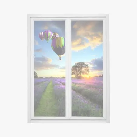 Sticker pour vitres et fenêtres coucher de soleil sur champs de lavande et montgolfières – Wallnifity®