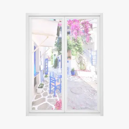 Sticker pour vitres et fenêtres ruelle grecque aux bougainvilliers – Wallnifity®