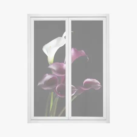 Sticker pour vitres et fenêtres composition d'arums blancs et bordeaux sur fond noir – Wallnifity®
