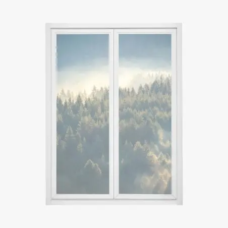 Sticker pour vitres et fenêtres brume matinale sur la pinède montagneuse – Wallnifity®