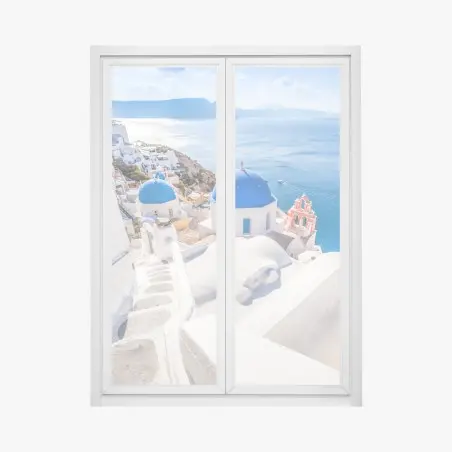 Sticker pour vitres et fenêtres paysage côtier de Santorin aux dômes bleus – Wallnifity®