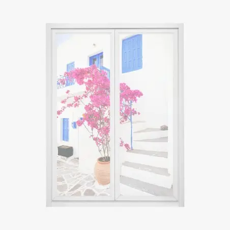 Sticker pour vitres et fenêtres éclat méditerranéen : bougainvillier sur façade blanche – Wallnifity®