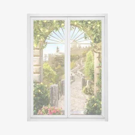 Sticker pour vitres et fenêtres chemin pavé fleuri vers un château – Wallnifity®