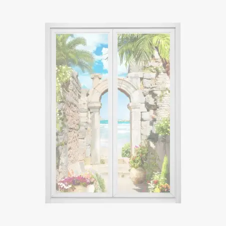 Sticker pour vitres et fenêtres arche antique donnant sur la mer turquoise – Wallnifity®
